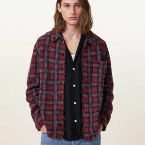 Allsaints Men’s Austin Checked Brushed Cardigan Wool Blend Red - XL